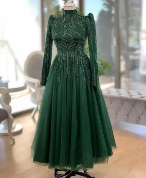 High Neck Luxury Beaded Emerald Green Tulle Women Formal Party Gowns