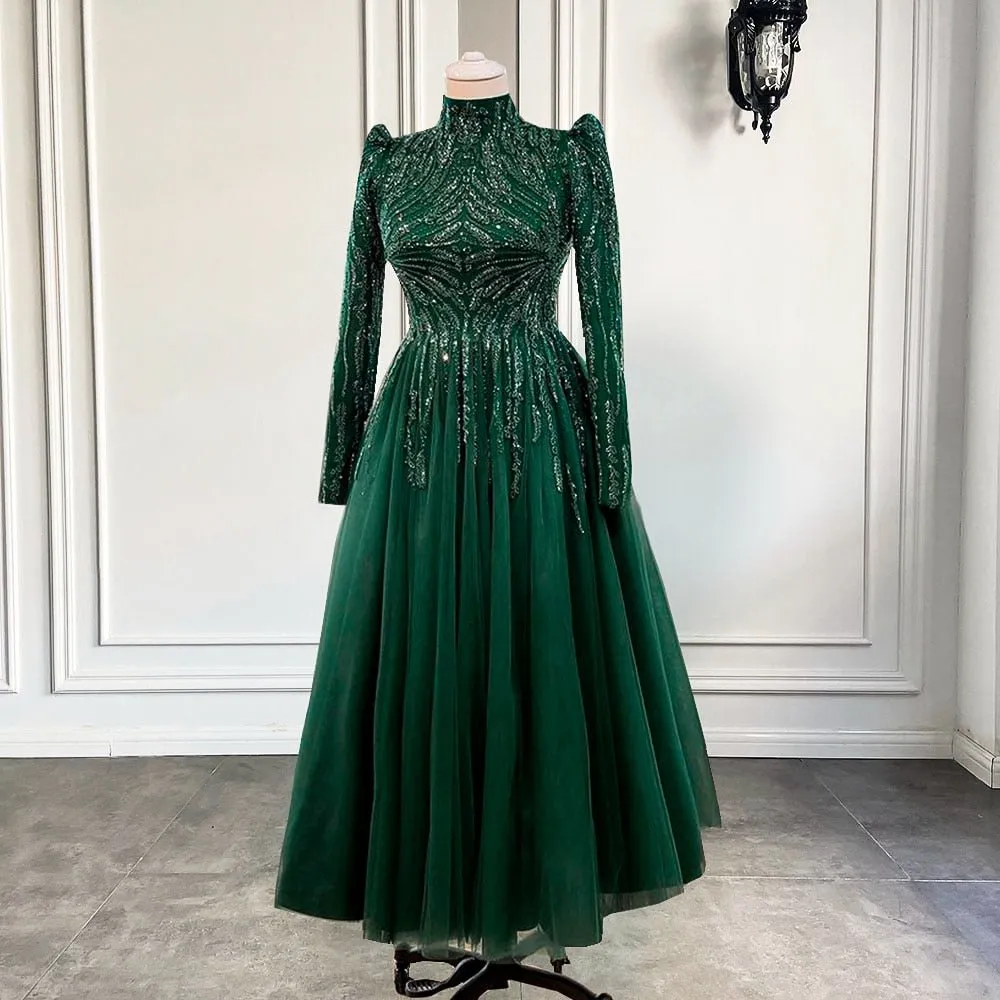High Neck Luxury Beaded Emerald Green Tulle Women Formal Party Gowns