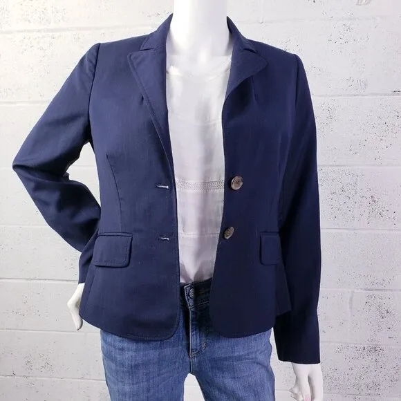 J Crew Women's Size 6 Navy Blue Pinstripe Suiting Wool Blazer Lined Career