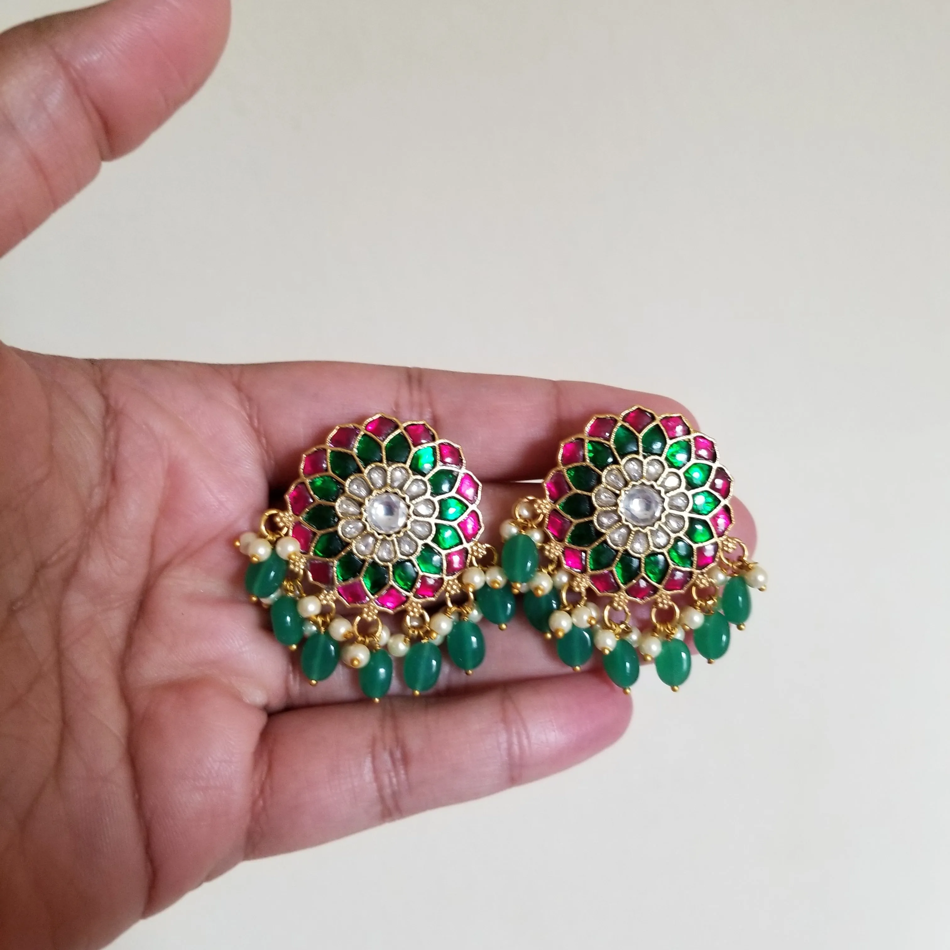 Jadau Kundan Pearl-Green Tassel Big Studs JV31
