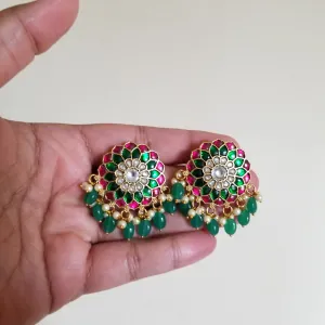 Jadau Kundan Pearl-Green Tassel Big Studs JV31