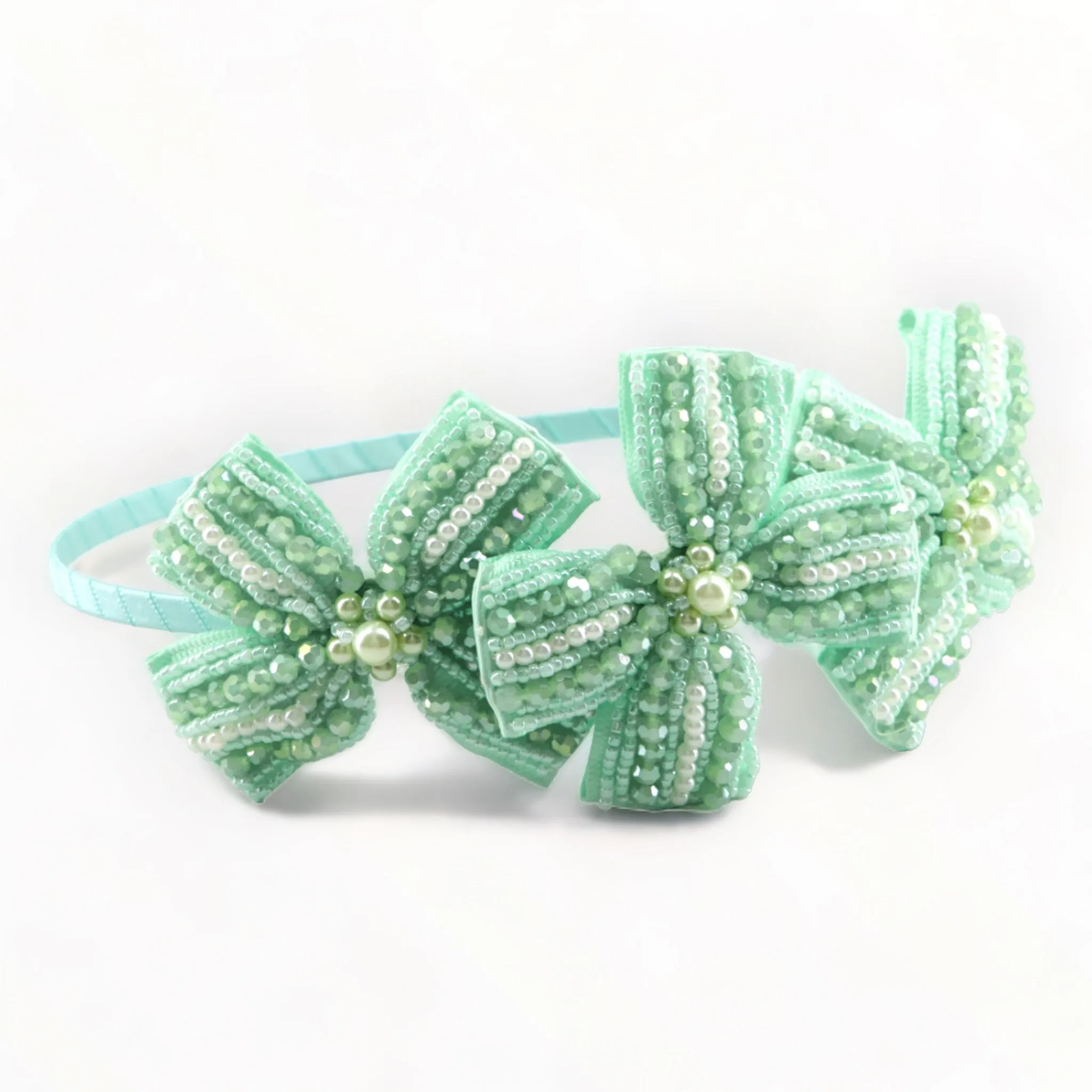 Jolie Designer Girls Crystal Bow Headband in pale mint
