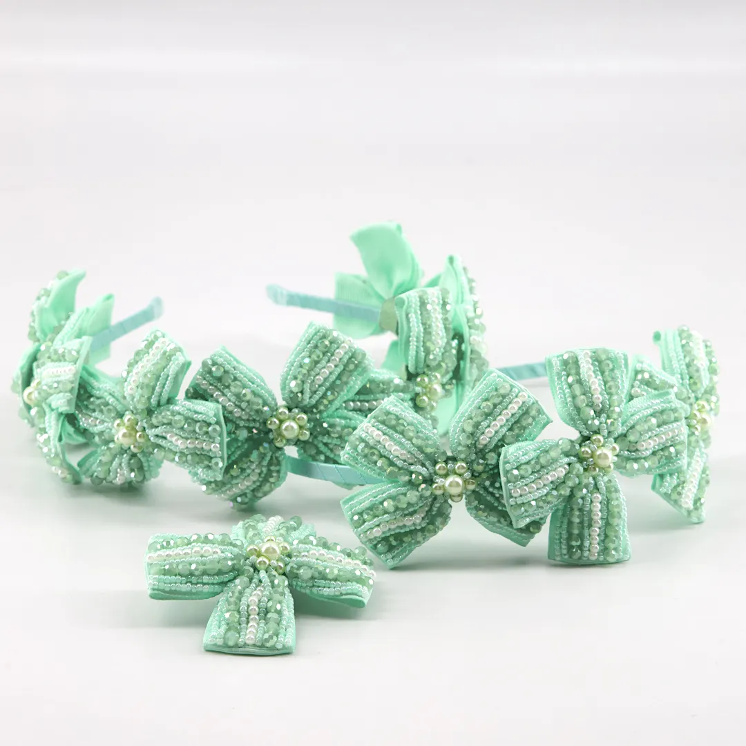 Jolie Designer Girls Crystal Bow Headband in pale mint