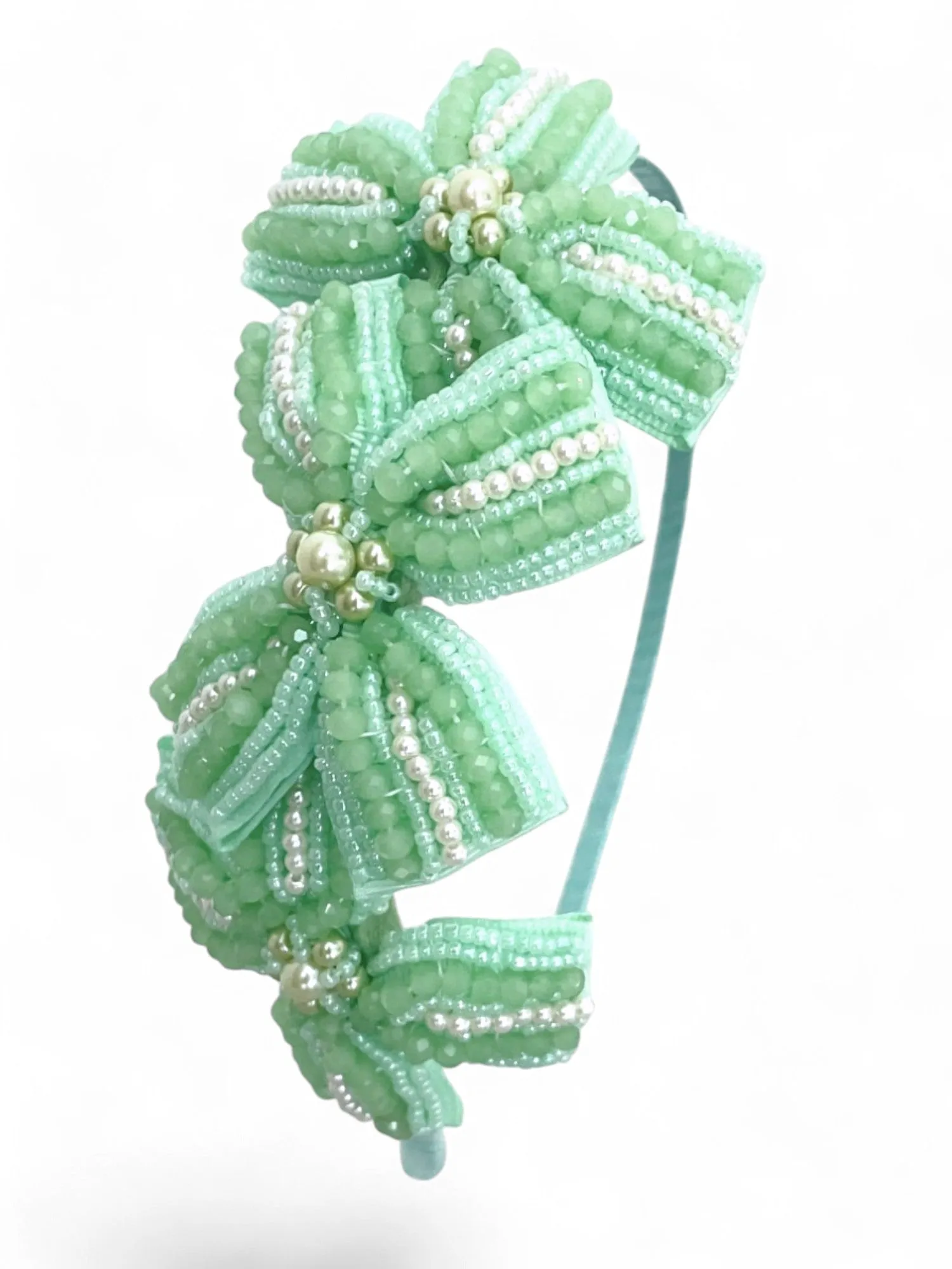 Jolie Designer Girls Crystal Bow Headband in pale mint