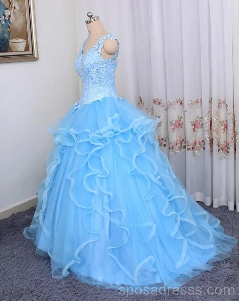 Lace Straps Blue Ball Gown Long Evening Prom Dresses, Cheap Custom Sweet 16 Dresses, 18543
