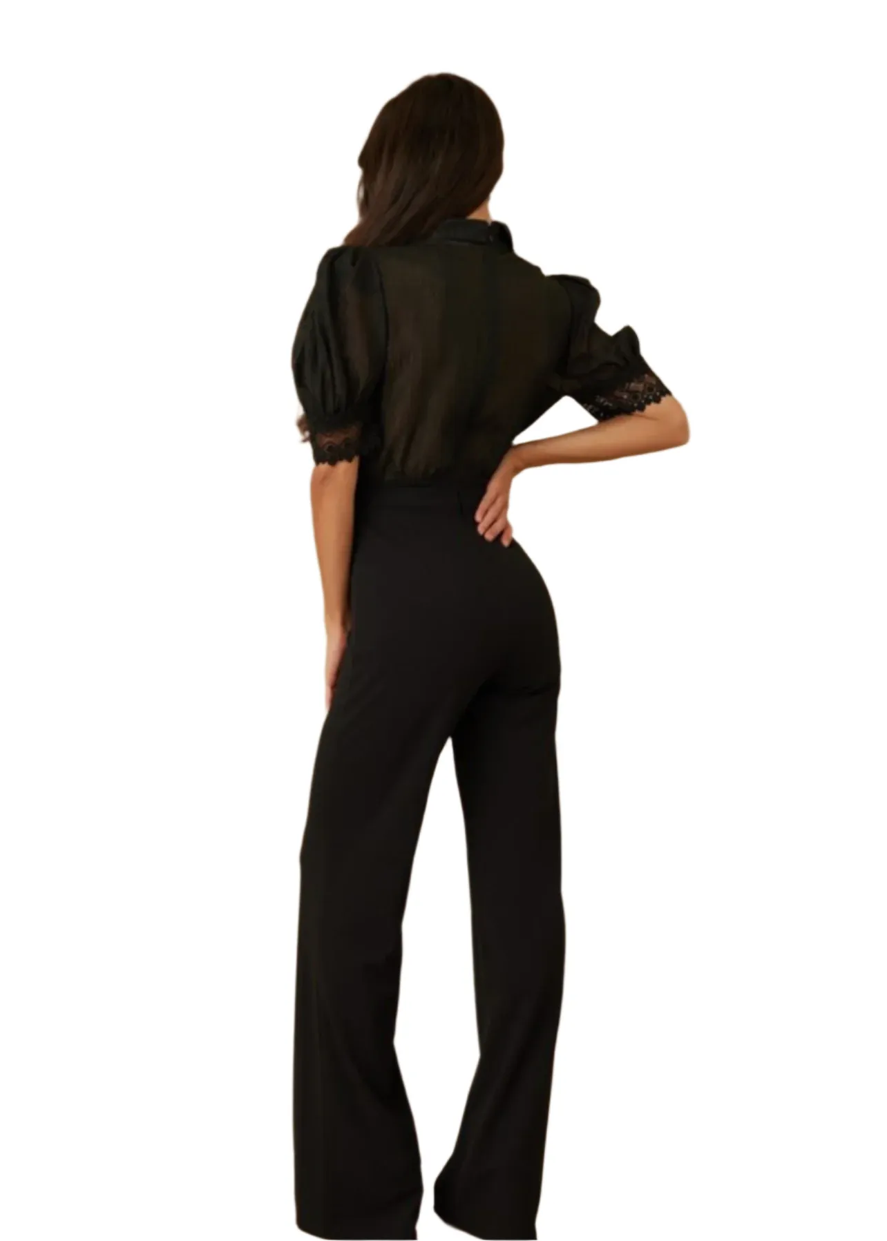 Laura Black Lace Embroidered Puff Sleeve Bow-Tie Jumpsuit