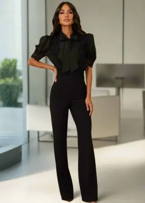 Laura Black Lace Embroidered Puff Sleeve Bow-Tie Jumpsuit