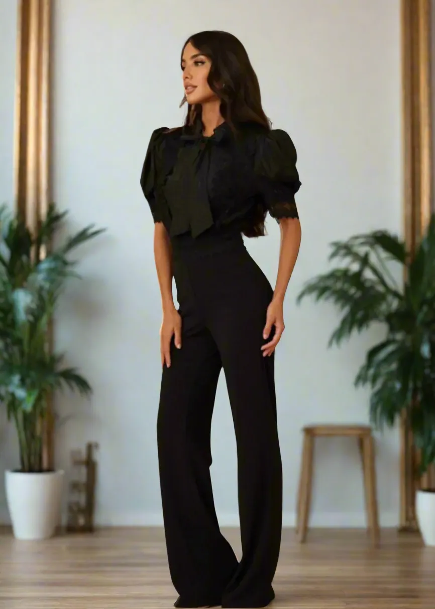 Laura Black Lace Embroidered Puff Sleeve Bow-Tie Jumpsuit