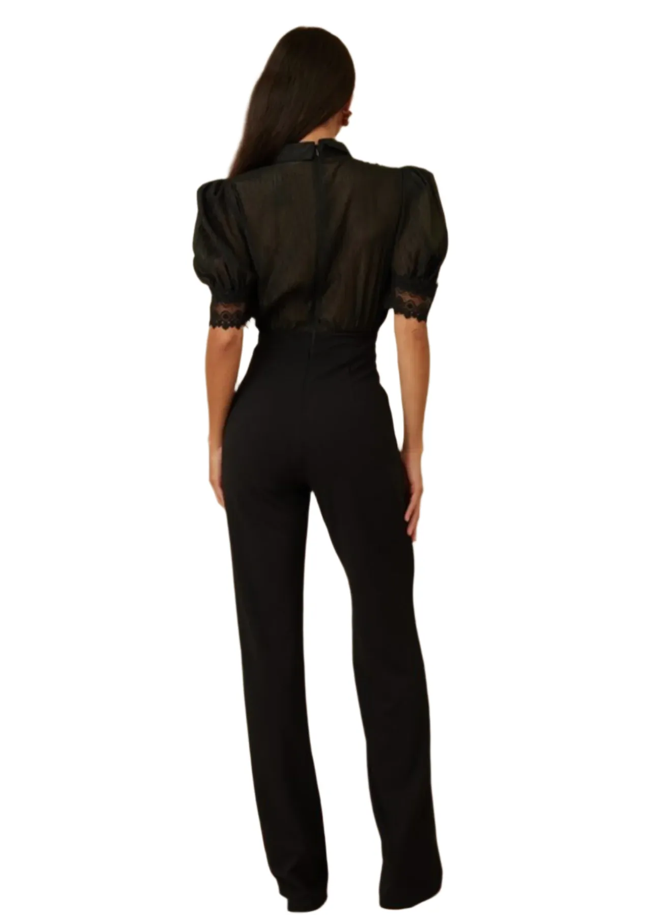 Laura Black Lace Embroidered Puff Sleeve Bow-Tie Jumpsuit