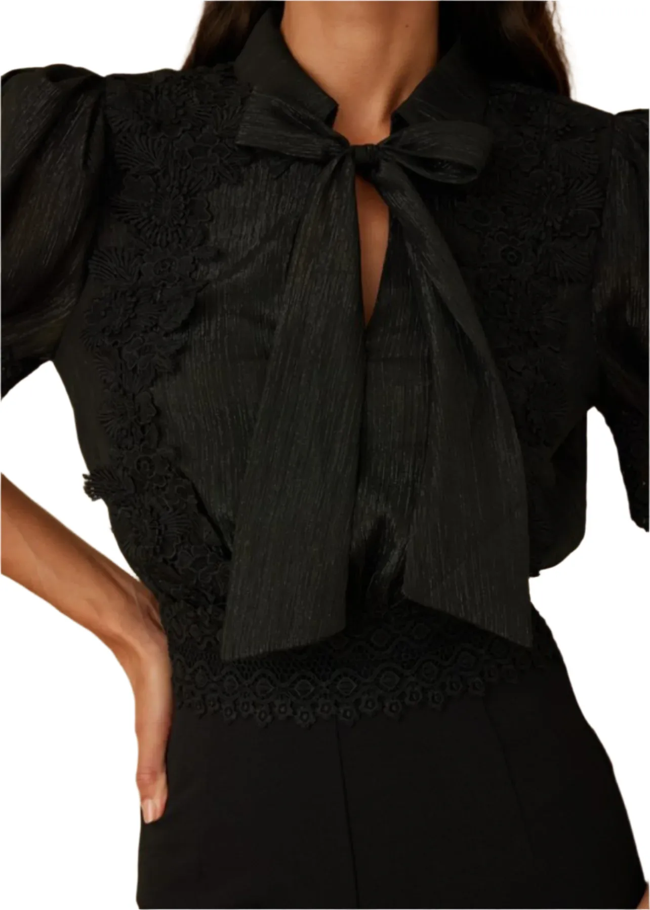 Laura Black Lace Embroidered Puff Sleeve Bow-Tie Jumpsuit