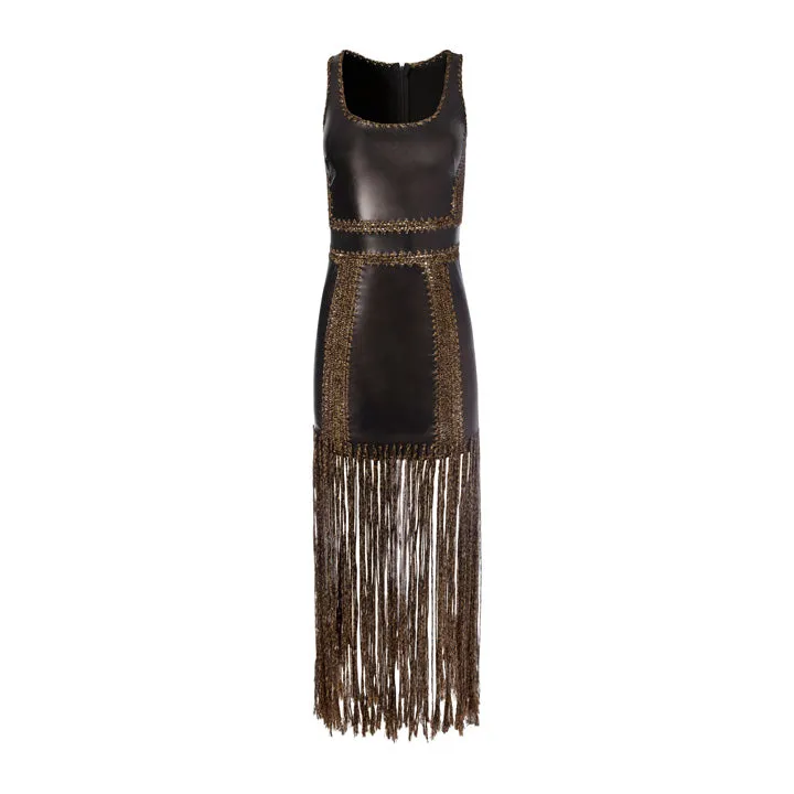 Leather Mini Dress with Crochet Fringe