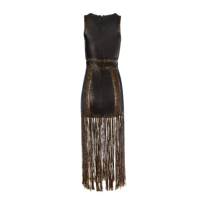 Leather Mini Dress with Crochet Fringe