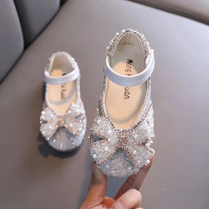 Little Girls Shoes Bow Princess Toddler Shoes Sequin Rhinestone Children Dance Shoes Flats Kids Shoes Weeding Party Girl Shoes