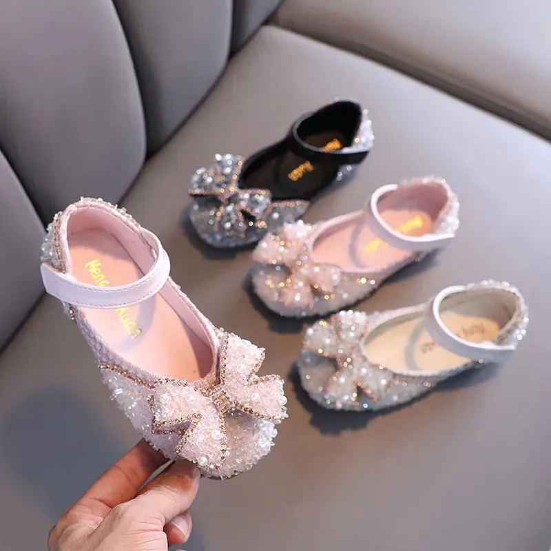 Little Girls Shoes Bow Princess Toddler Shoes Sequin Rhinestone Children Dance Shoes Flats Kids Shoes Weeding Party Girl Shoes