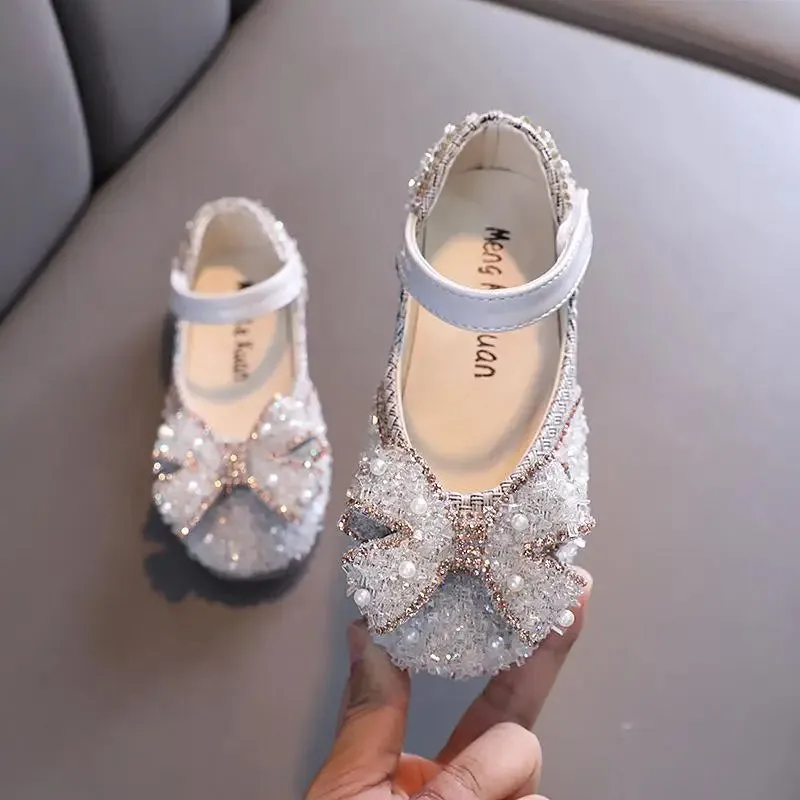 Little Girls Shoes Bow Princess Toddler Shoes Sequin Rhinestone Children Dance Shoes Flats Kids Shoes Weeding Party Girl Shoes
