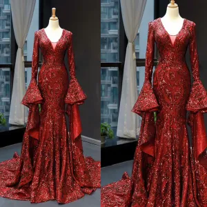 long flare sleeve Burgundy evening dresses for women luxury sequin appliqué sparkle evening gown