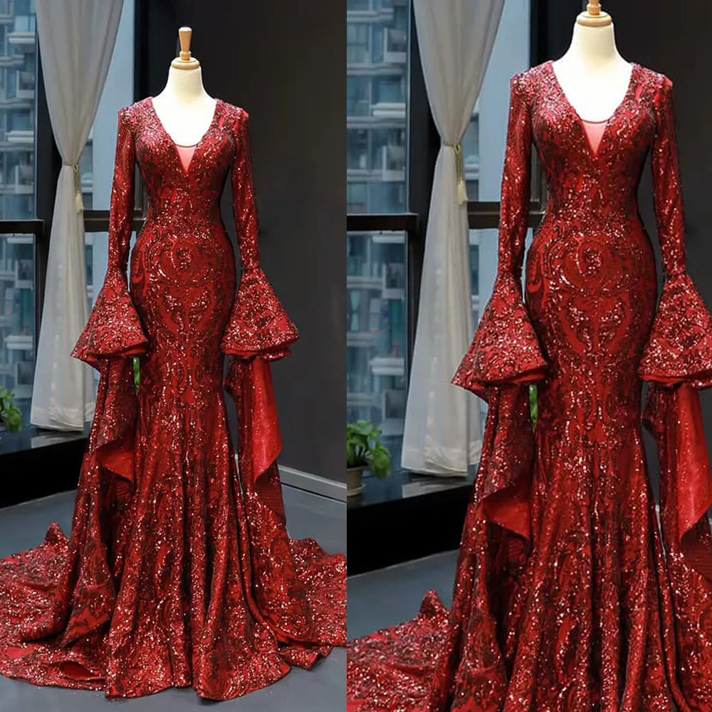 long flare sleeve Burgundy evening dresses for women luxury sequin appliqué sparkle evening gown