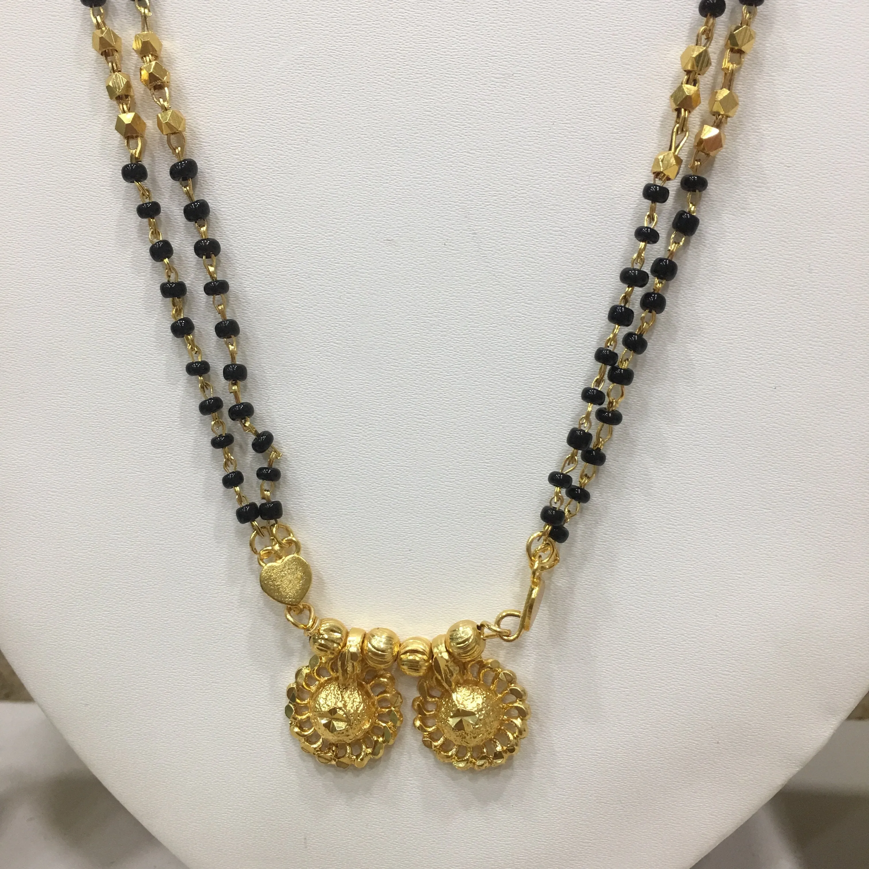 Long Mangalsutra Designs Gold Plated Latest 2 Vati Pendant Black & Gold Beads 2 Layer Mangalsutra