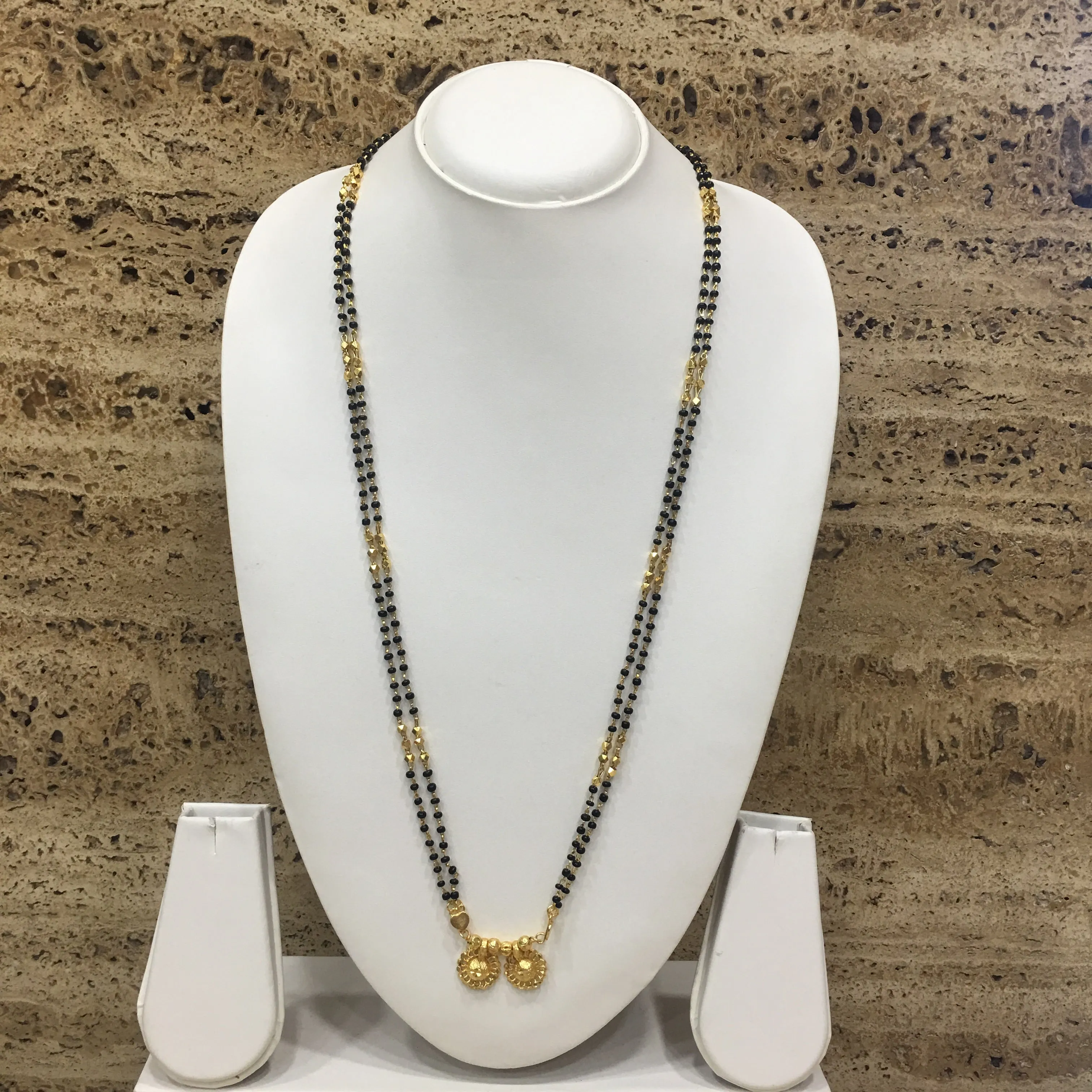 Long Mangalsutra Designs Gold Plated Latest 2 Vati Pendant Black & Gold Beads 2 Layer Mangalsutra