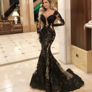long sleeve black evening dresses 2020 lace applique beaded sparkly elegant evening gown 2021