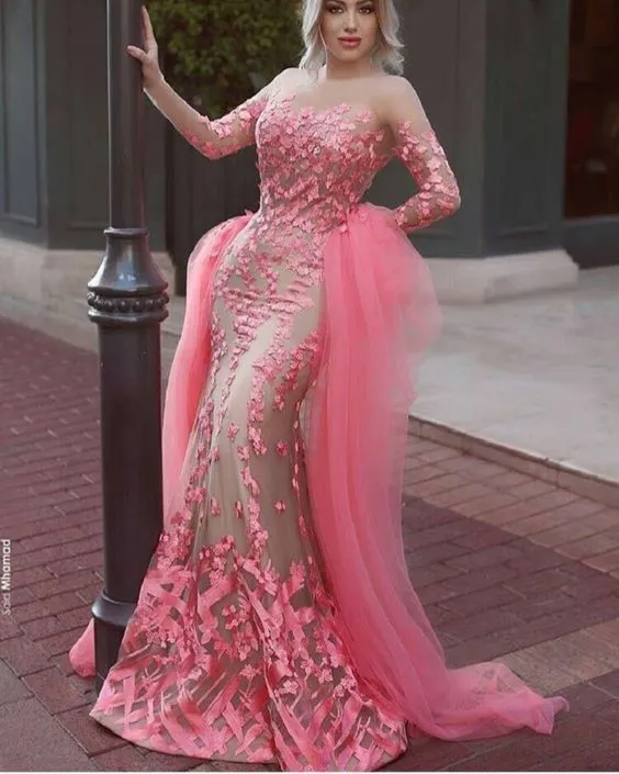 long sleeve coral evening dresses with detachable train elegant lace appliqué cheap evening gown