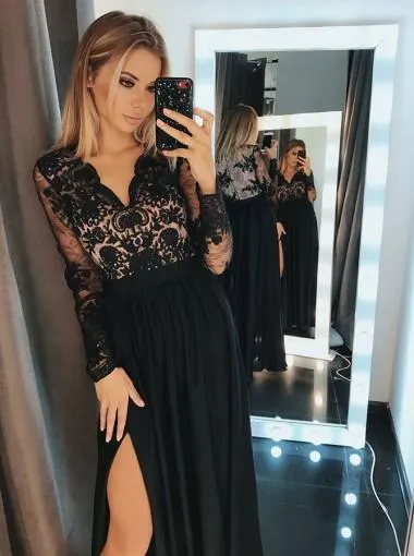 Long Sleeves Black Side Slit Long Evening Prom Dresses, Cheap Custom Sweet 16 Dresses, 18475