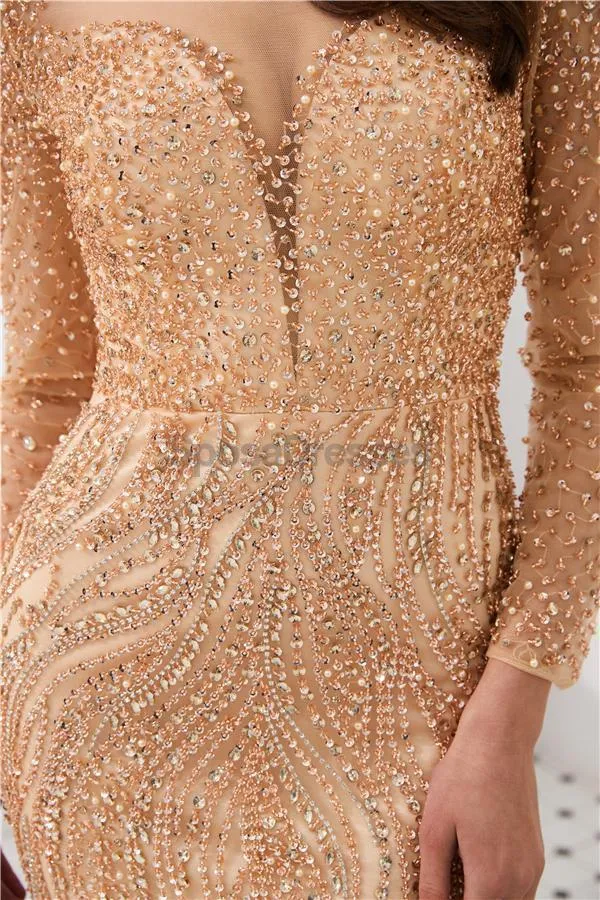 Long Sleeves Grey Heavily Beaded Mermaid Evening Prom Dresses, Evening Party Prom Dresses, 12097