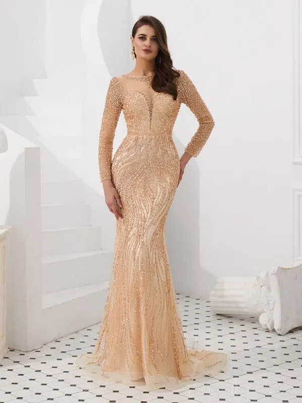 Long Sleeves Grey Heavily Beaded Mermaid Evening Prom Dresses, Evening Party Prom Dresses, 12097