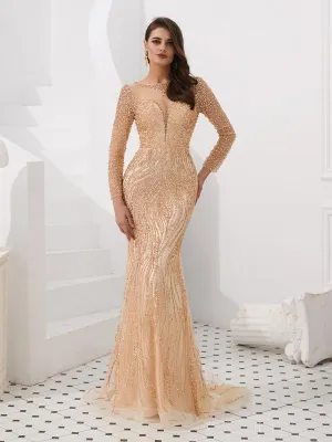 Long Sleeves Grey Heavily Beaded Mermaid Evening Prom Dresses, Evening Party Prom Dresses, 12097