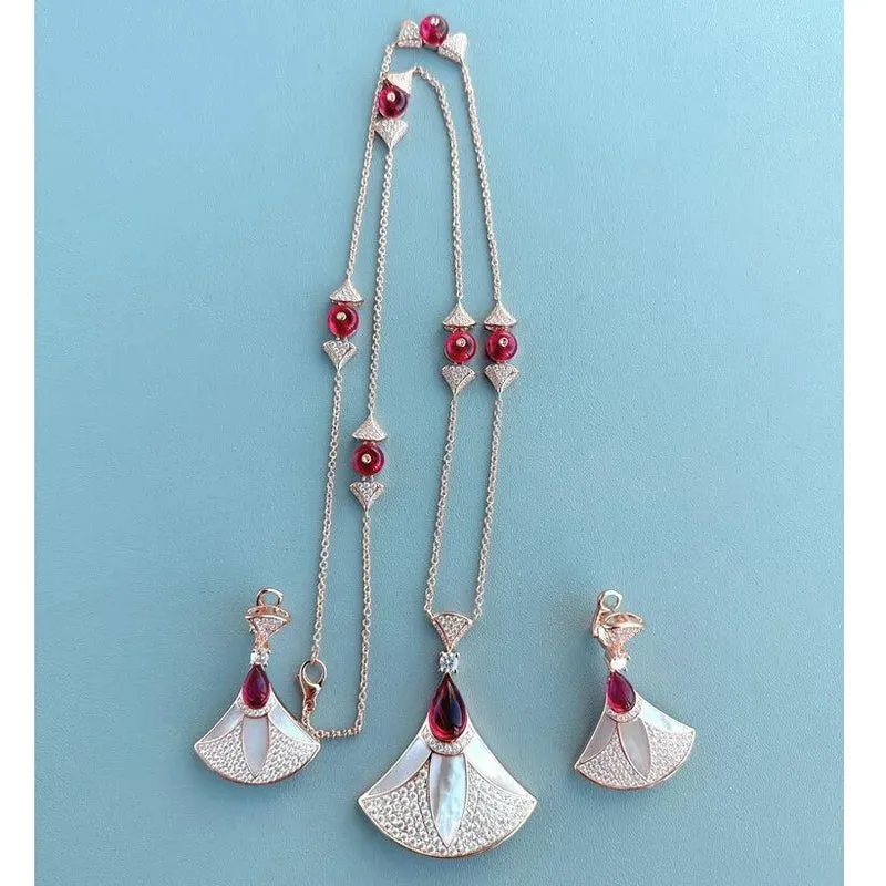 Luxurious Necklace Stud Earrings Cubic Zircon Mother Of Pearl Fan-shaped Pendant