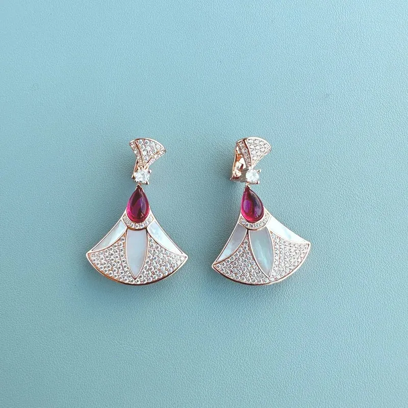 Luxurious Necklace Stud Earrings Cubic Zircon Mother Of Pearl Fan-shaped Pendant