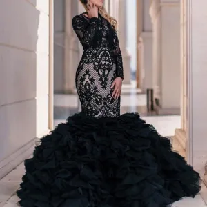 luxury black evening dresses long lace applique modest tiered vintage elegant evening gown