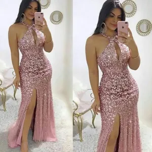 luxury crystals evening dresses long mermaid pink rhinestones sparkle elegant sexy formal dresses evening gown
