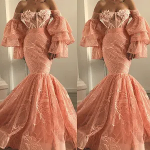 luxury evening dresses long sleeve orange lace appliqué unique mermaid African evening gown