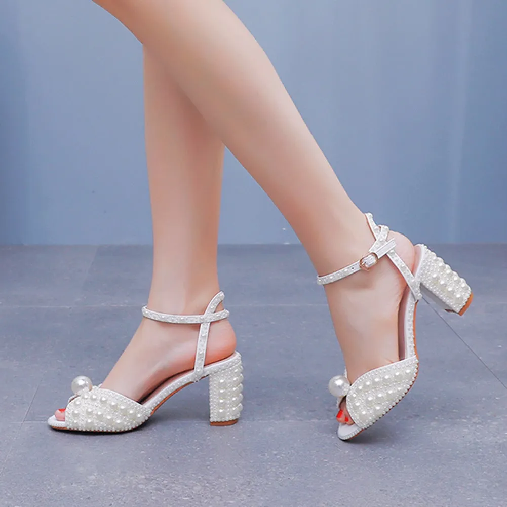 Luxury Fish Mouth Pearl Thick Heel Wedding Shoes