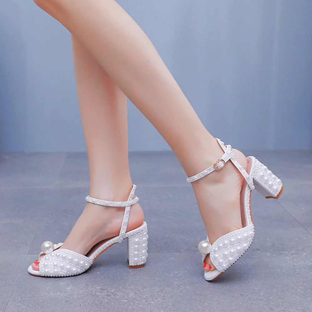 Luxury Fish Mouth Pearl Thick Heel Wedding Shoes