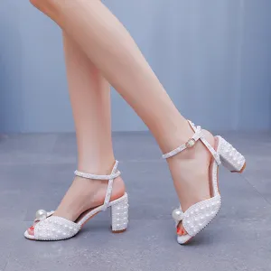 Luxury Fish Mouth Pearl Thick Heel Wedding Shoes