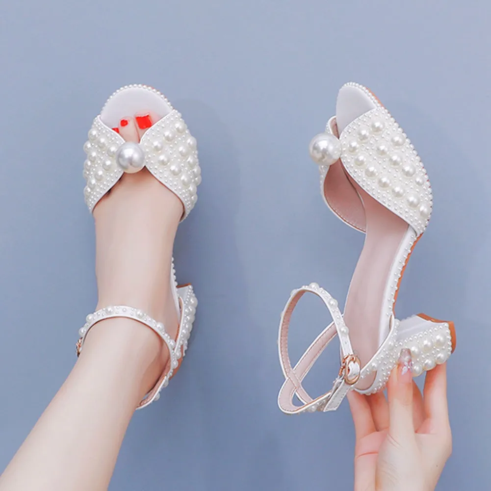 Luxury Fish Mouth Pearl Thick Heel Wedding Shoes