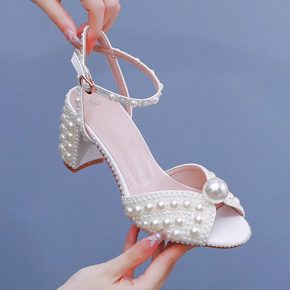Luxury Fish Mouth Pearl Thick Heel Wedding Shoes