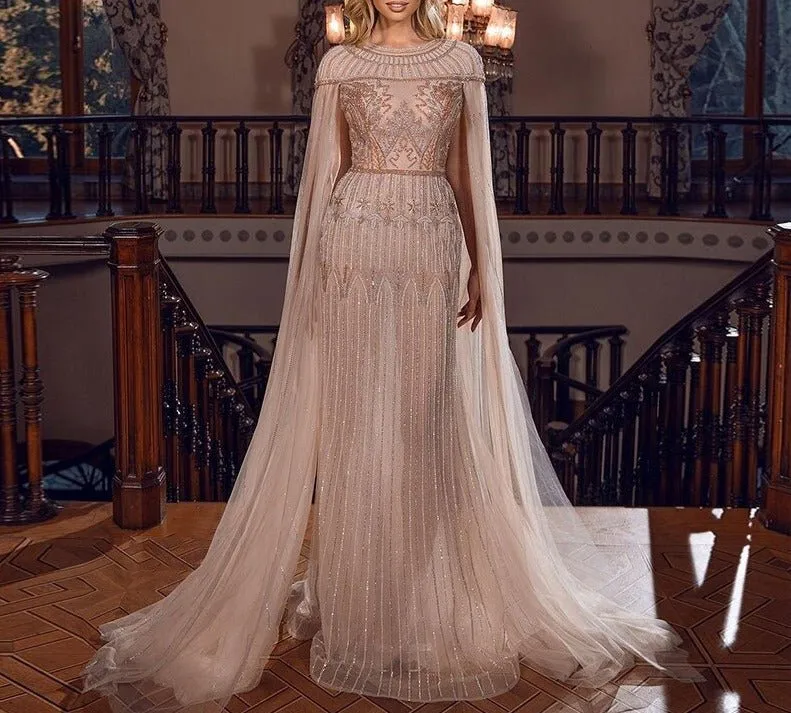 Luxury Gold Mermaid Dubai Evening Dress with Cape