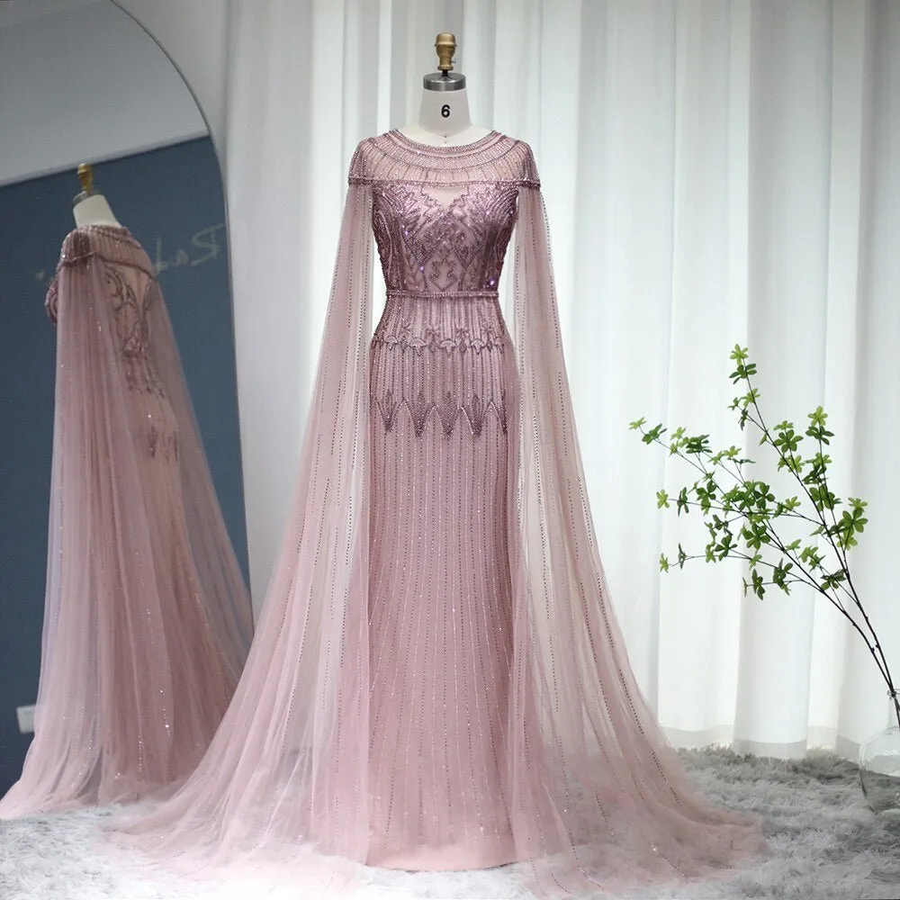 Luxury Gold Mermaid Dubai Evening Dress with Cape