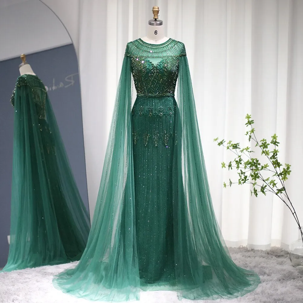Luxury Gold Mermaid Dubai Evening Dress with Cape