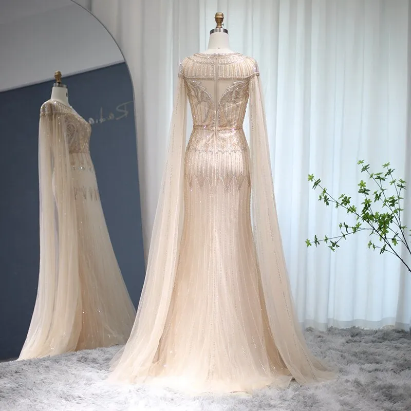 Luxury Gold Mermaid Dubai Evening Dress with Cape