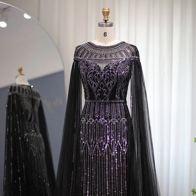 Luxury Gold Mermaid Dubai Evening Dress with Cape