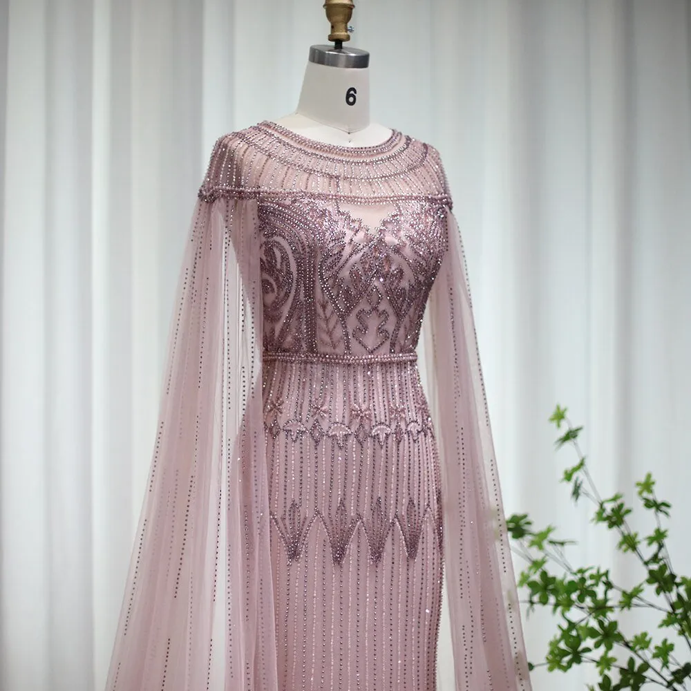 Luxury Gold Mermaid Dubai Evening Dress with Cape