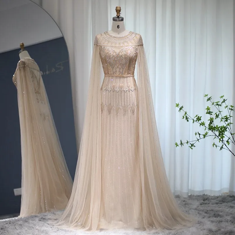 Luxury Gold Mermaid Dubai Evening Dress with Cape