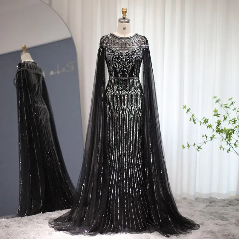 Luxury Gold Mermaid Dubai Evening Dress with Cape