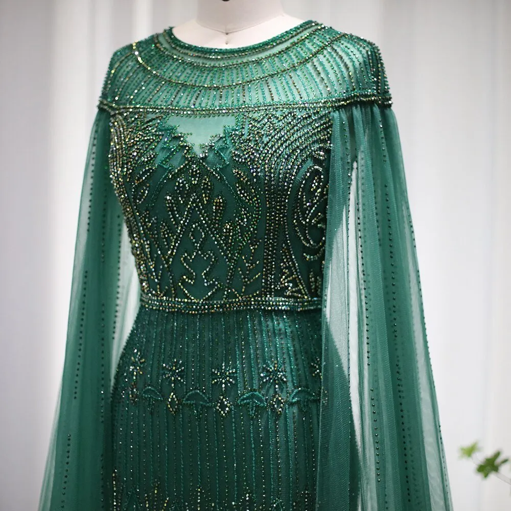 Luxury Gold Mermaid Dubai Evening Dress with Cape