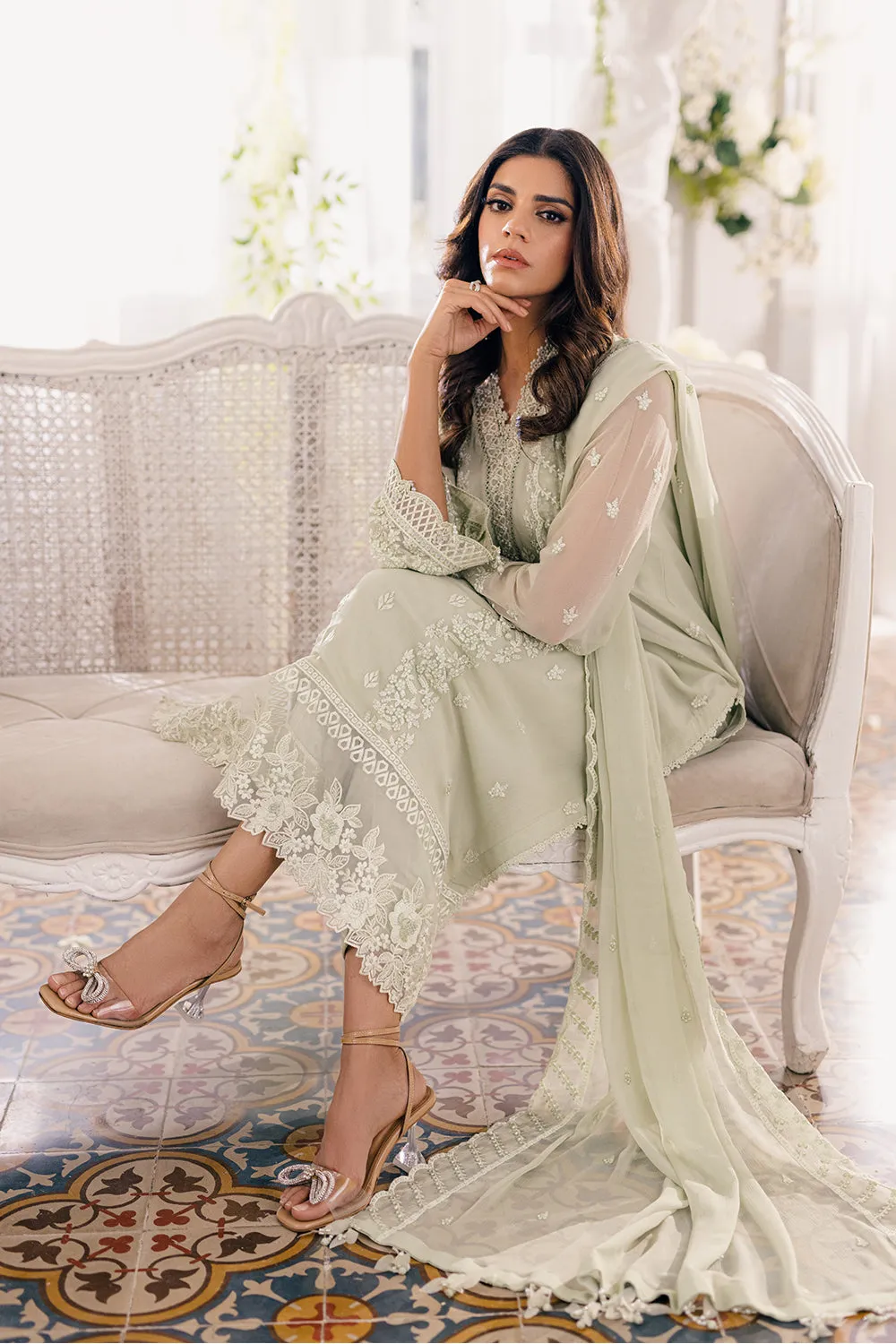Luxury Neo Mint Embroidered Chiffon Pakistani Salwar Kameez