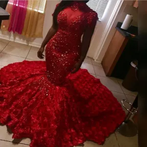 luxury red evening dresses long sleeve African mermaid high neck beaded modest floral evening gown 2021